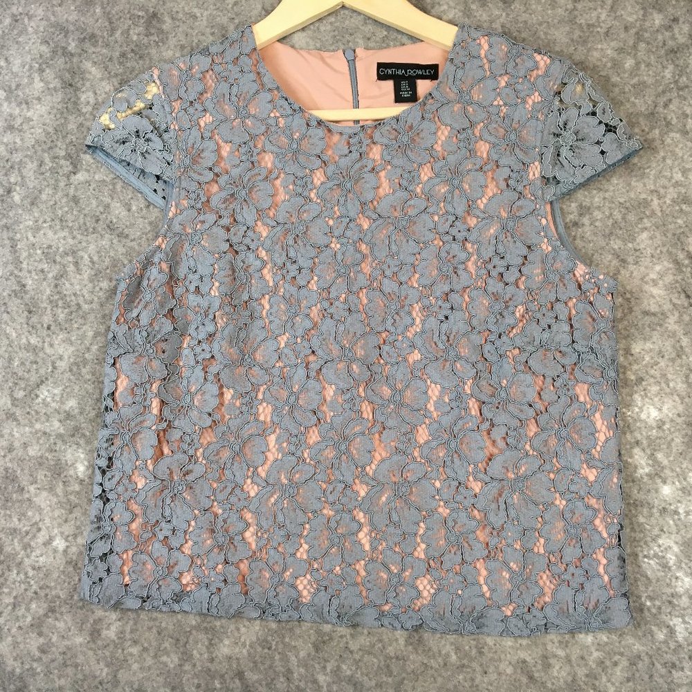 Cynthia Rowley Blouse Top 2 XS Lace Shell Dusty Blue Floral Cap Sleeve Career